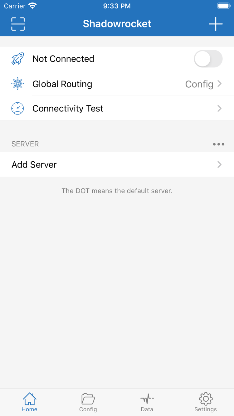 Shadowrocket 官方 Home 界面，显示连接开关、Global Routing 与 Add Server