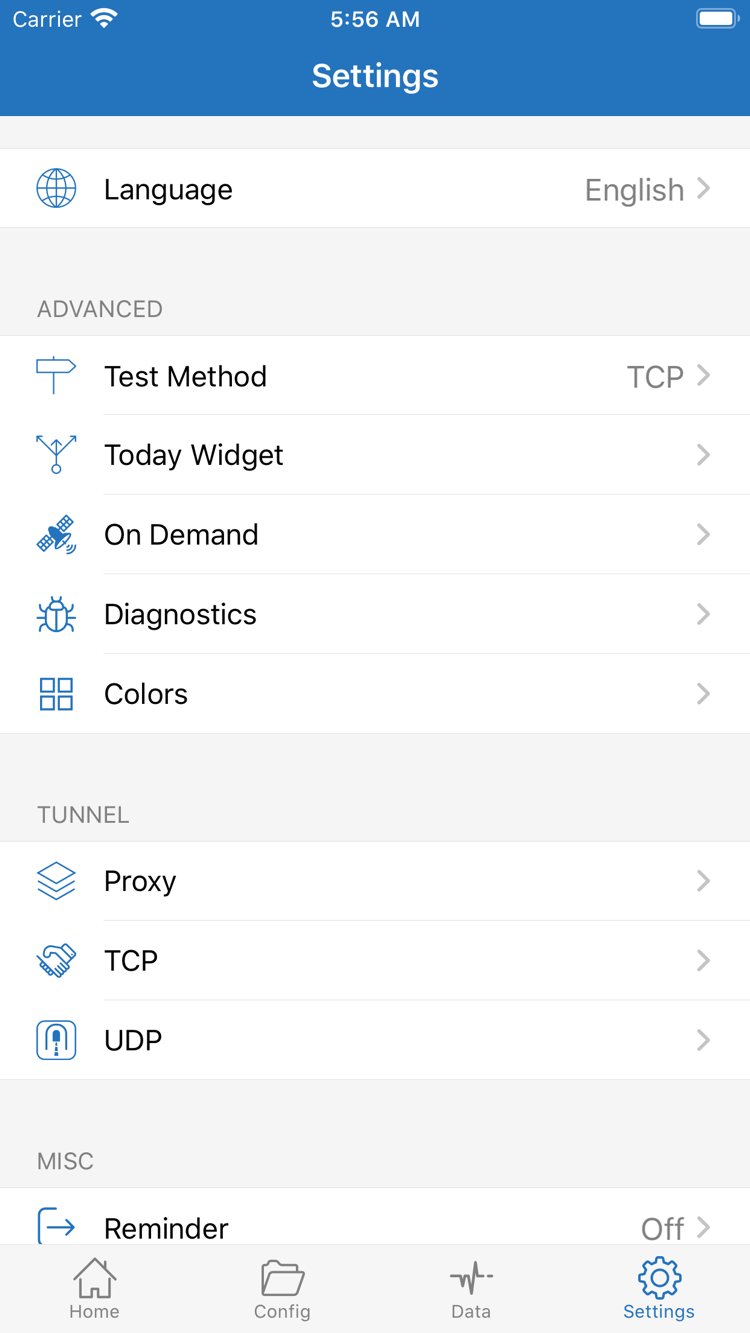 Official Shadowrocket Settings screen showing Test Method, On Demand, Diagnostics, Proxy, TCP, and UDP settings